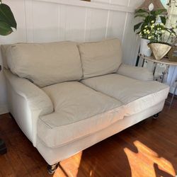 Beige Feather-Down Loveseat – Deep Cushions, Very Comfortable