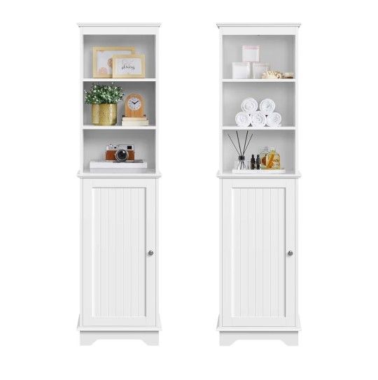 Storage Cabinet with 3 Shelves & Door, Freestanding Linen Cabinet for Bathroom, Living Room, Entryway, 16 x 12 x 60.5 Inches, White