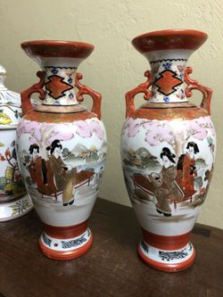 Pair of Vintage Hand Painted Kutani Vases