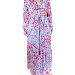 NWT JESSICA SIMPSON Blue & Pink Tropical Floral Cutout Waist Maxi Dress M