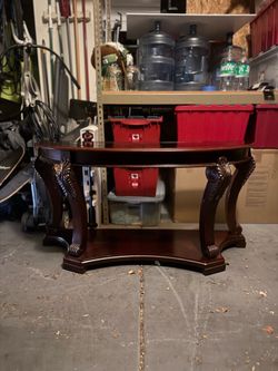Traditional Cherry / Mahogany Wood Demilune Console Table with Glass Top