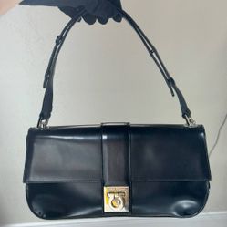 SALVATORE FERRAGAMO Black Leather Handbag Clutch Silver Hardware Shoulder Bag