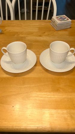 White Ceramic Cup and Saucer Set of 2 Tea Cups Italian Stoneware
