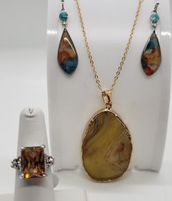 Multi Colored Turquoise Earrings Champagne Topaz Ring Geode Necklace