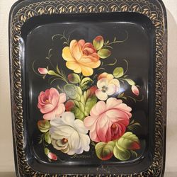 Vintage Soviet Russian Hand Painted Floral Tray – Factory – Signed