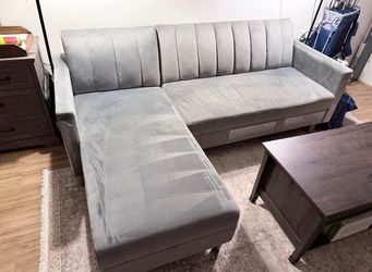 DHP Celine reversible sectional in dark gray velvet.