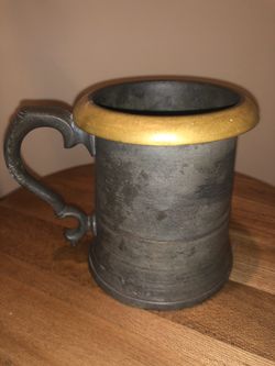 Brass Rimmed One Pint Antique Pewter Beer Tankard Mug