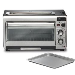 2 in 1 1450 W 4-Slice Silver Stainless Steel and Black Toaster Oven with 2-Slice Toaster Slots