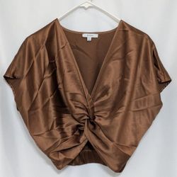 EVNL Brown Satin Twist Front V-Neck Crop Top - Size Small - Item #: STT1055