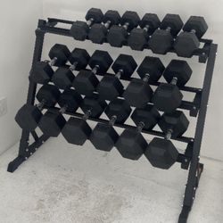 Brand New Complete Set Of 10 Pairs Of Rubber Hex Dumbbells 5’s To 50’s With 3 Tier Rack To Store All