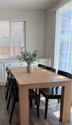 Wood dining table and six chairs