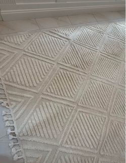 Cream textured area rug with fringe
