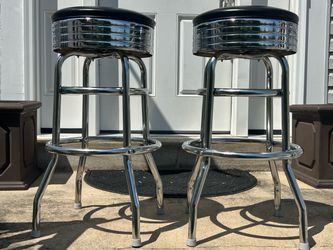 (2) TWO Retro Style Chrome Bar Swivel Double Ring Stools