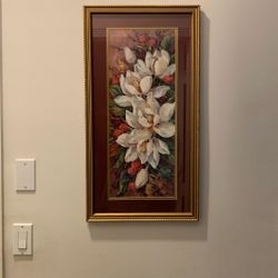 White Magnolias In Dark Red Matte & Gold Frame