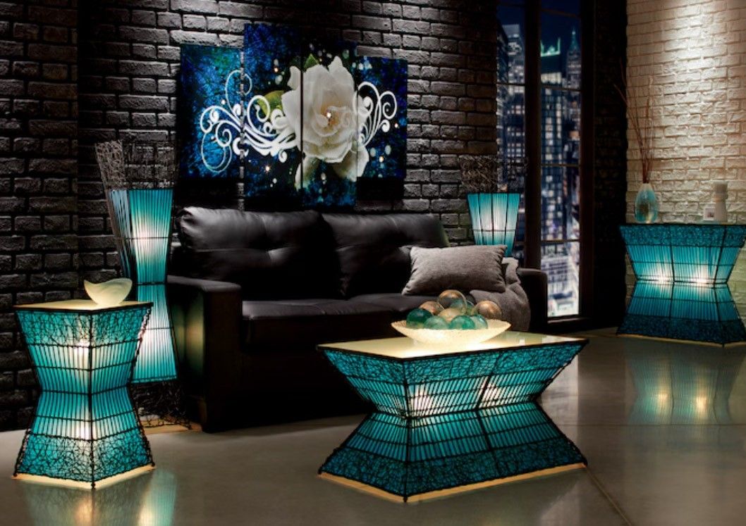 Zain Lighted Rattan Teal Living Room 4 piece Set