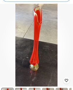 Vintage L E Smith Amberina Red Glass Swung Stretch Ribbed Pedestal Vase 19”