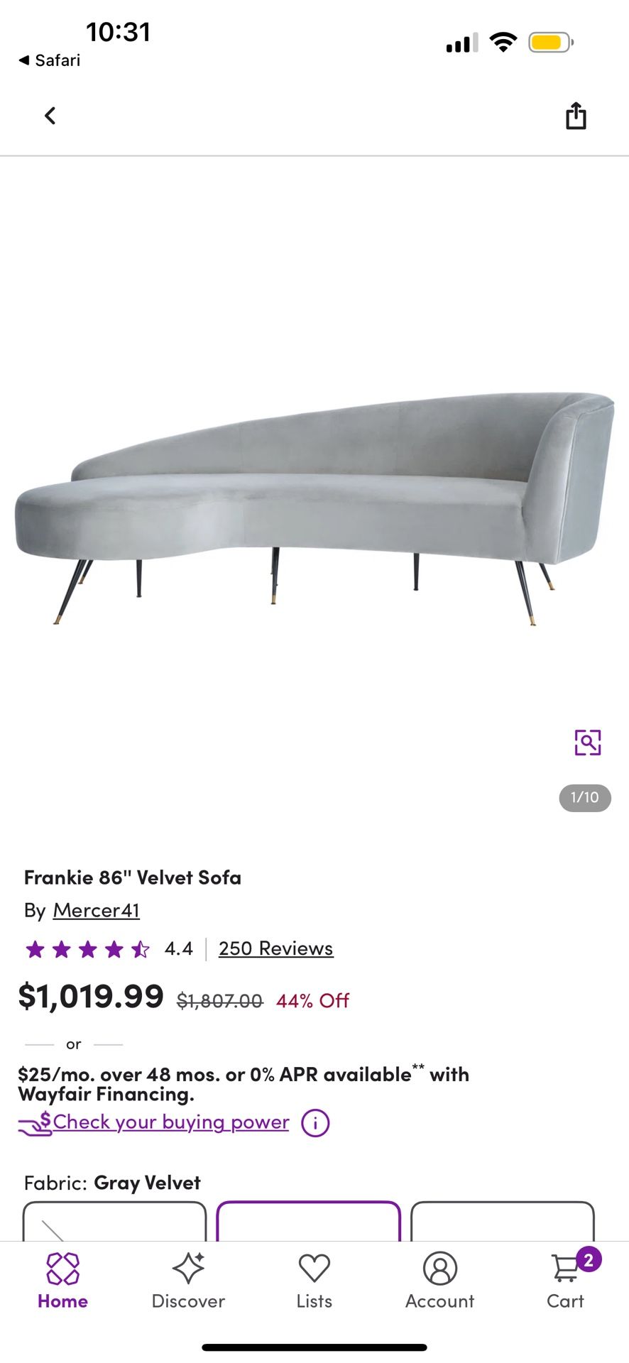 Frankie 86” Gray Velvet Sofa