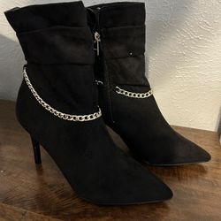 Black High Heel Boots With Chain/ 8.5 Or 7.5