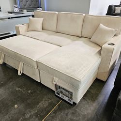 Brand New Sofa Pull Out Bed Storage Chaise Corduroy Fabric, 2 Cup Holder Trade & USB Outlet $429