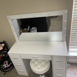 Woman’s White Vanity With Multi-Color Lights. With Chair