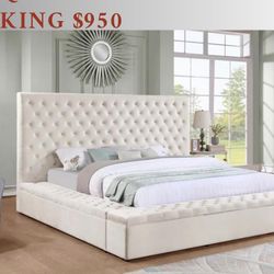 Beige King Size Beds - Modern Style Tufted Bed - Mattress Sold Separately