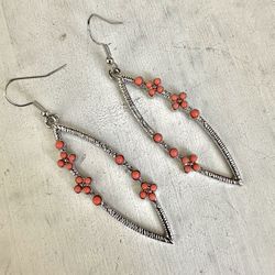 Silver Tone And Coral Long Earrings 