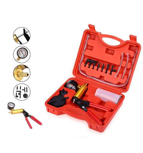 2 in 1 Brake Bleeder Kit Hand held Vacuum Pump Test Set,for Automotive with Sponge Protected Case,Adapters,One-Man Brake and Clutch Bleeding System,Va