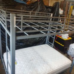 Metal Bunk Bed Frame With 1 Serta Mattress. Full Over Full Silver Tone