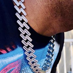 Men’s 18mm Baguette Miami Cuban Link Chain Necklace, 14K White Gold 5X Layered Cuban Chain, Round Stone Bling Necklace, CZ Diamond Choker Iced 