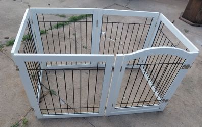 Freestanding pet dog gate w door white wood black metal bars