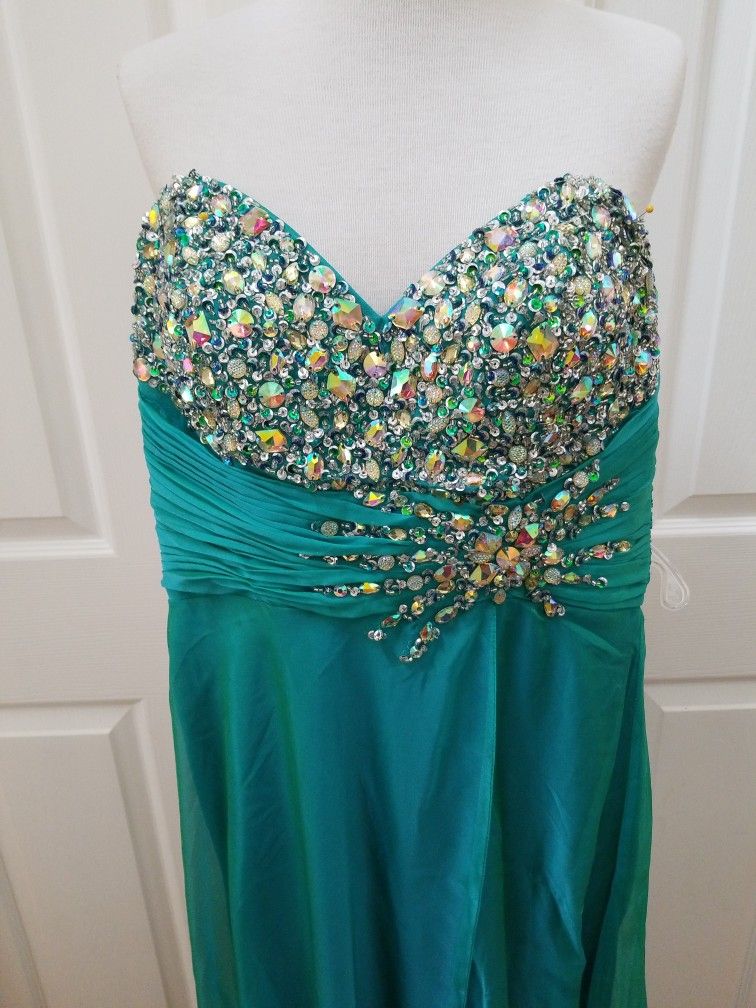 Teal Green Turquoise Strapless Sequined Dress Size 10