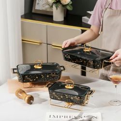 Rectangular Double-Handled Ceramic Casserole with Lid, High-Temperature Starry Design, Three Sizes Available for Home Dining, Suitable for Candle Heat