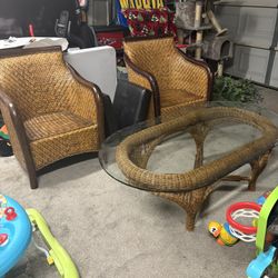 Vintage Wicker Cane Set With A small Chip On Glass