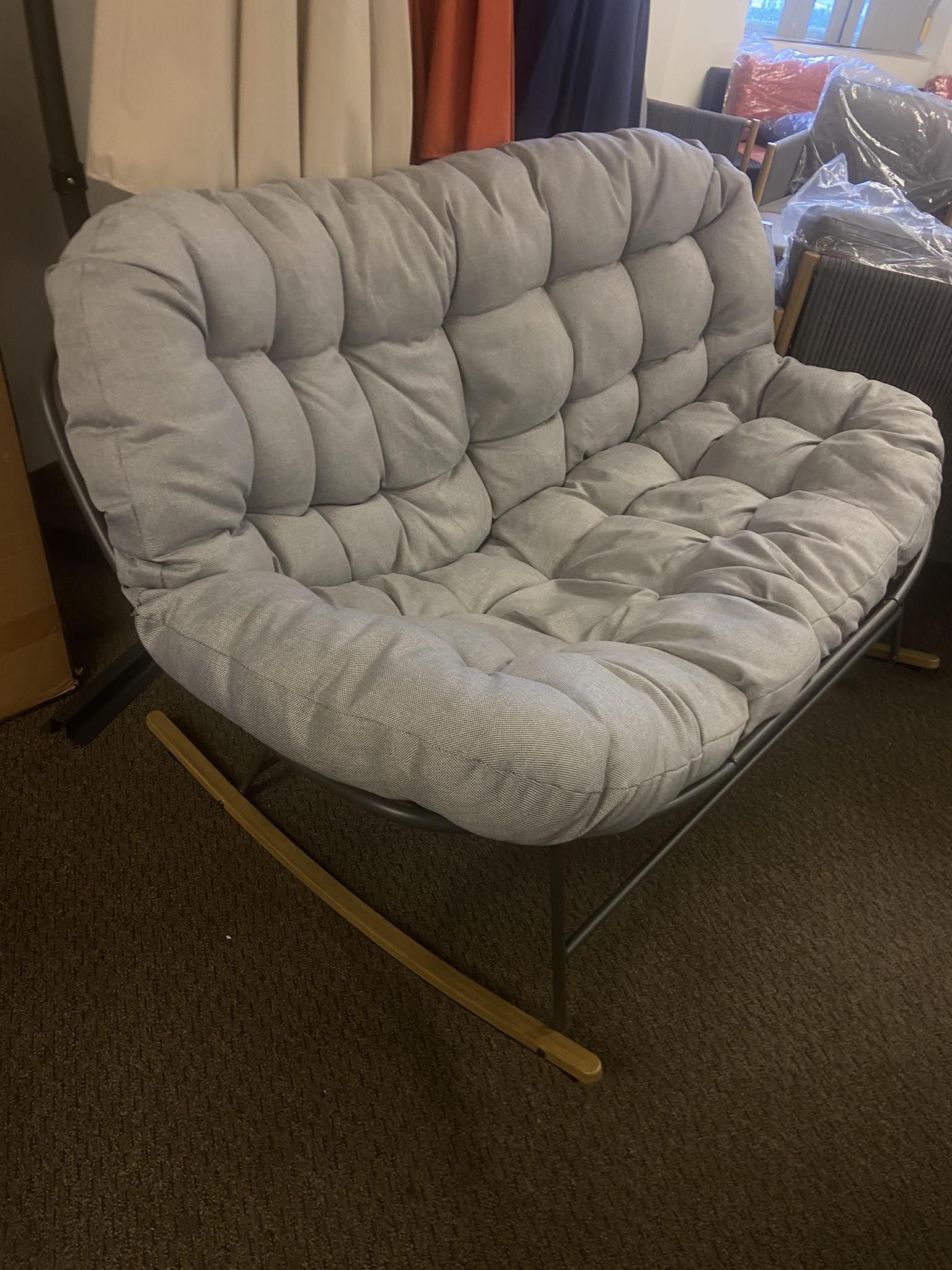 Rocking Chair Outdoor, Oversized Papasan Rocking Chair for 2 with E-Coated Steel Frame and Thick Cushion, Comfy Loveseat Rocker for Patio Porch Deck, 