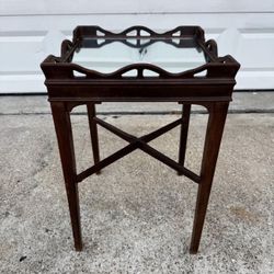 Vintage Wood Side Table w/ Glass Top – Solid & Elegant