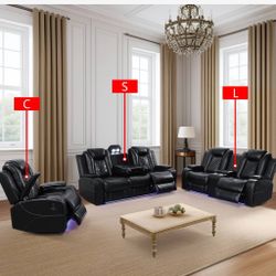 Black Breathing Leather 3-Piece Living Room Recliner Sofa Set