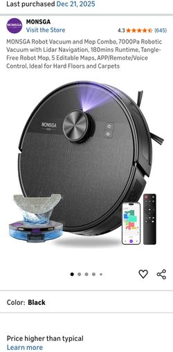 MONSGA Robot Vacuum & Mop Combo, 7000Pa w/Lidar Navigation APP/Remote/Voice (New)