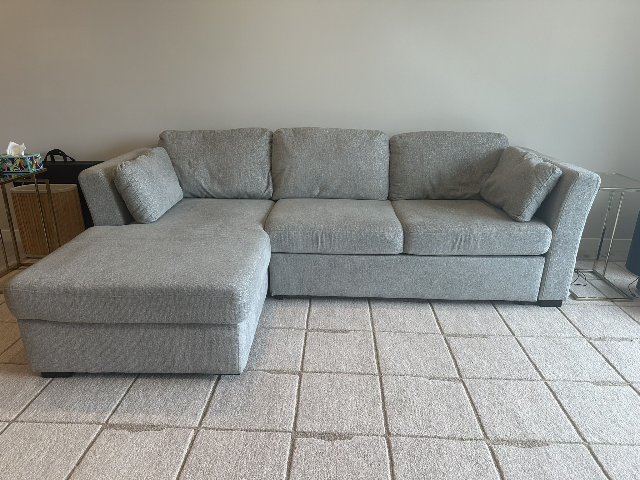 Light Gray Small Sectional Couch with Storage and Pull Out Bed MUST GO ASAP