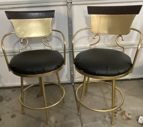 Pair Of Exotic Gold Metal Black & Brown Wood Bar Stools