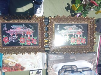 Pair of vintage Japanese okinawa suiviner framed arts  prints with hibiscus