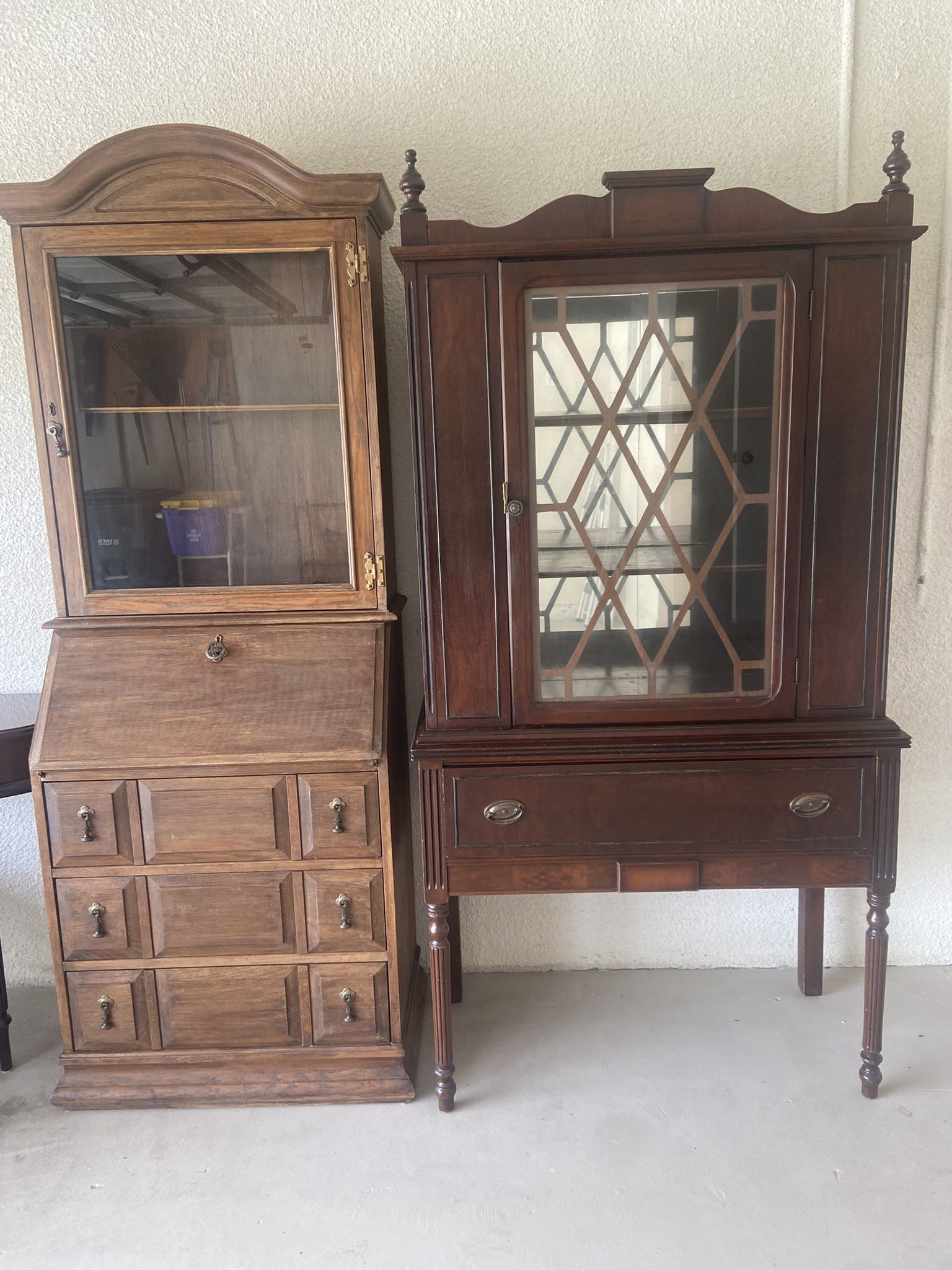 Vintage Cabinets. Desk $100. China $75