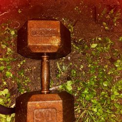 VINTAGE-IVANKO 90LB HEX CAST IRON DUMBBELL WEIGHTS.