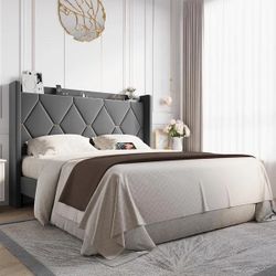 Velvet Full Size Upholstered Bed Frame with Wingback Storage Headboard & Charging Station, Platform Bed with Diamond Tufted Design & Gold Trim, No Box