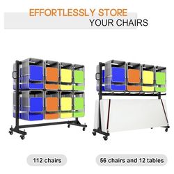 Specraft Folding Chair Rack, Holds 12 Tables or 112 Chairs, 1250 lbs Capacity, Heavy-Duty Cart with Wheels, Elastic Cords, Cover, Glossy Black