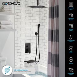 gotonovo Shower 16"System with Tub Spout Ceiling Mount Shower Faucet Set Rain Shower Head and Handheld Wall black, and black bronze C27