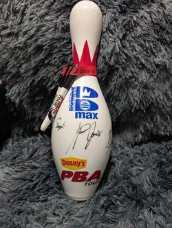 05-06 PBA Dennys Bowling Pin Signed Mike Scroggins Doug Kent with accessories 