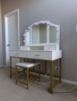 White Vanity Makeup Table with Mirror, Lights & Stool