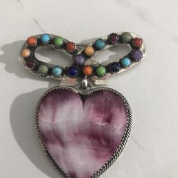 Vintage Navajo Sterling Silver Spiny Oyster Heart Multi Gemstone Pin