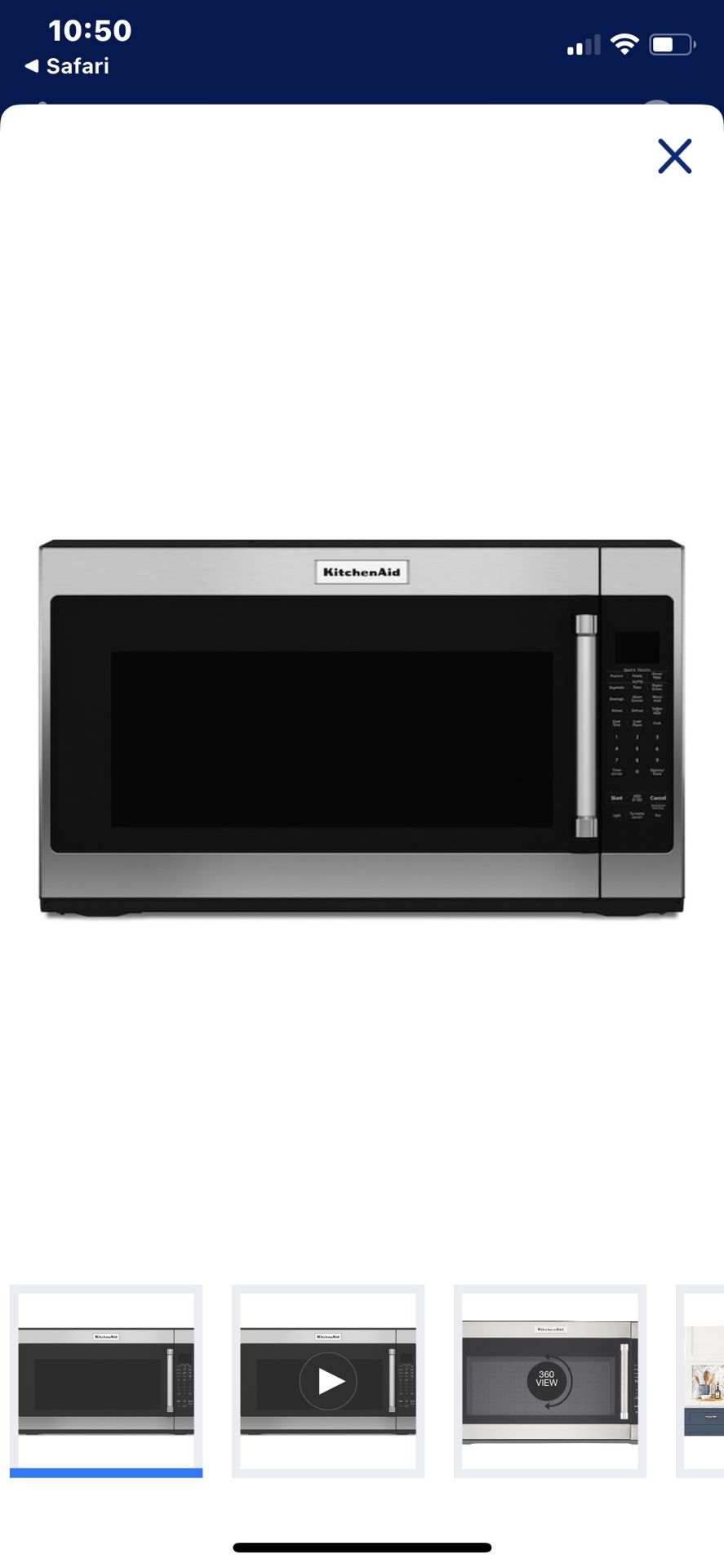 NEW NEVER USED KITCHEN AID 2.2cu ft STAINLESS STEEL OVER THE RANGE MICROWAVE WITH FACTORY WARRANTY 12/15/23