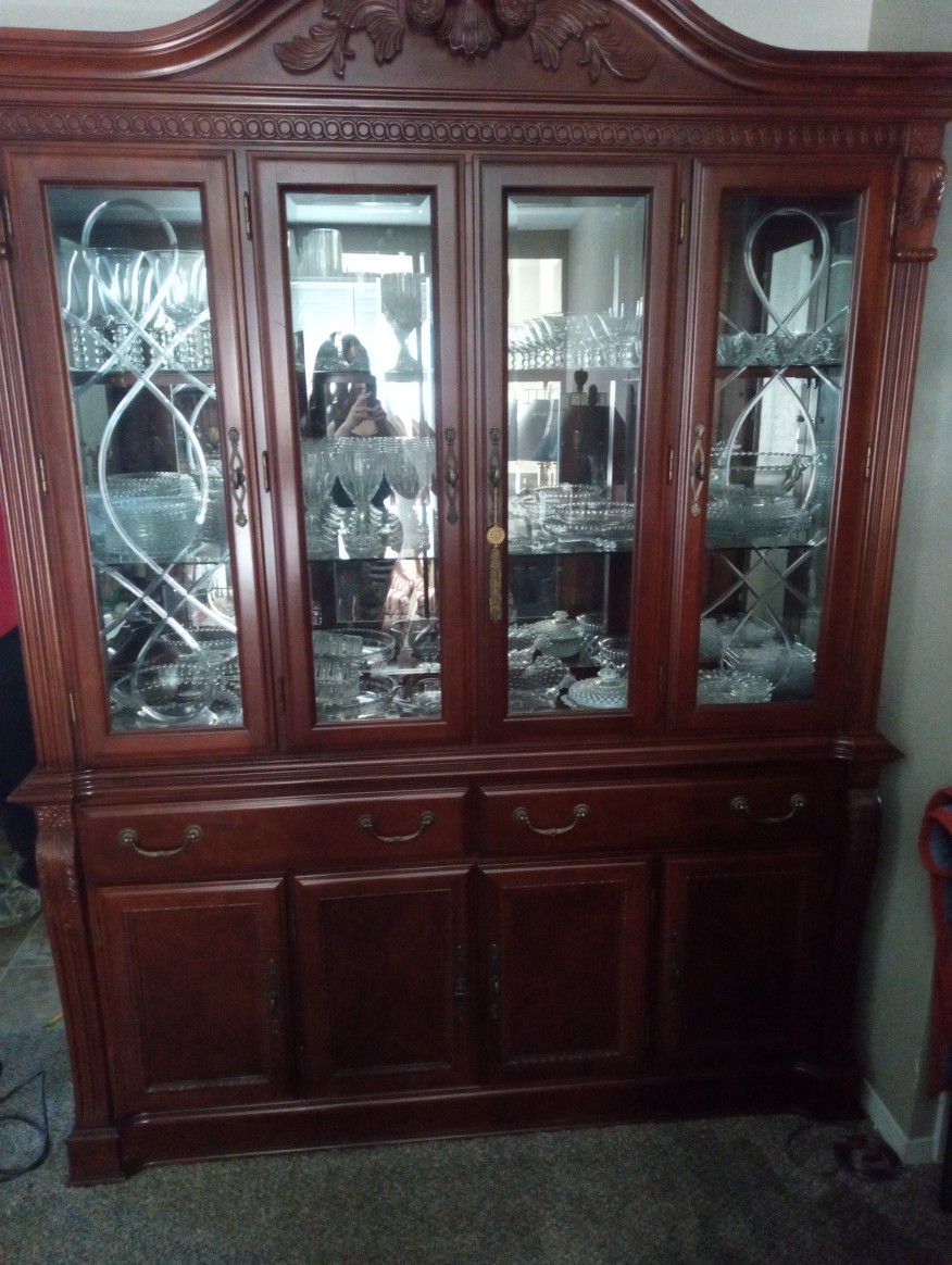 Cherry Wood China Hutch And Dinner Table To Match With 8 Chairs